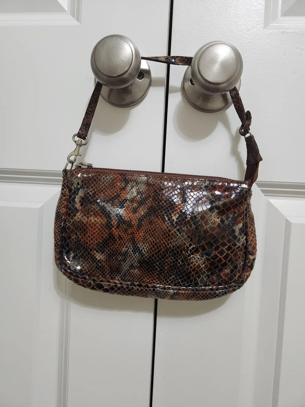 Glossy Brown Leather Snakeskin-Print Mini Shoulder Bag / Baguette